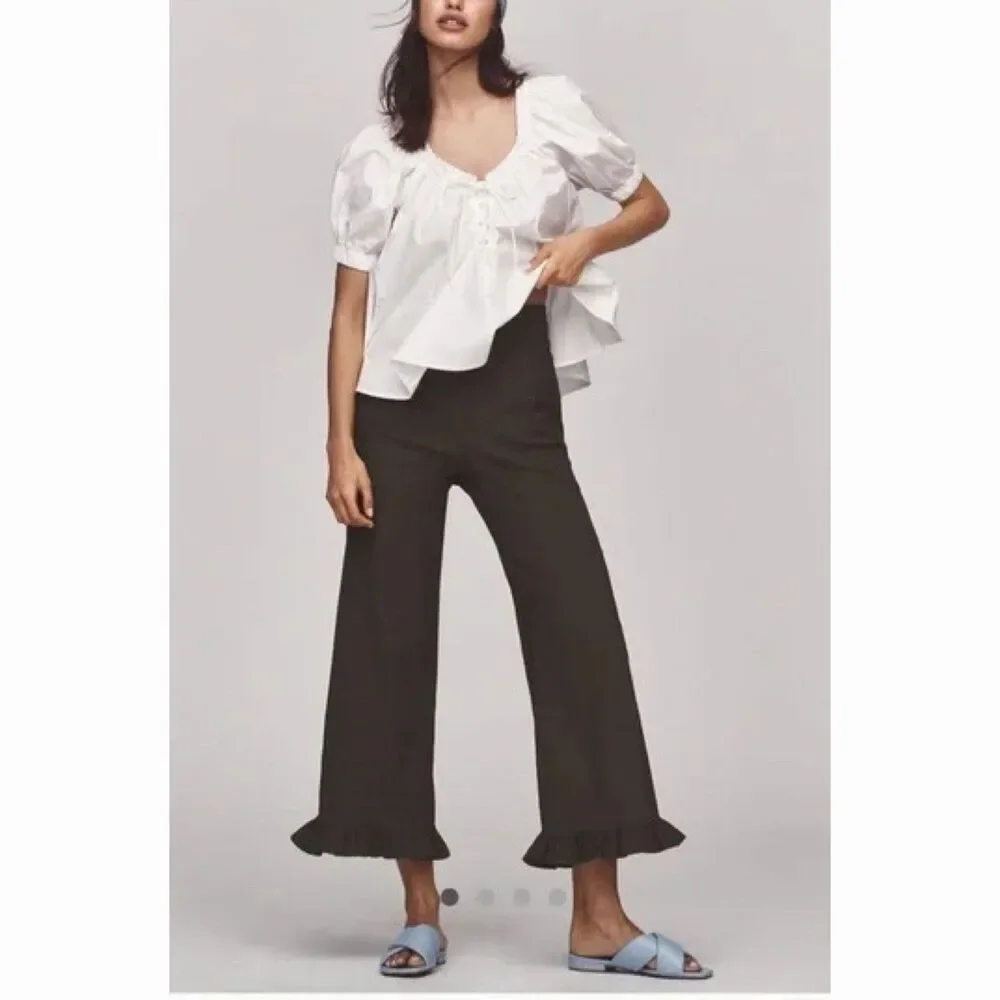 Anthropologie Maeve Colette Magic Fabric Ruffle Hem Crop Wide-Leg Pants 28 Green